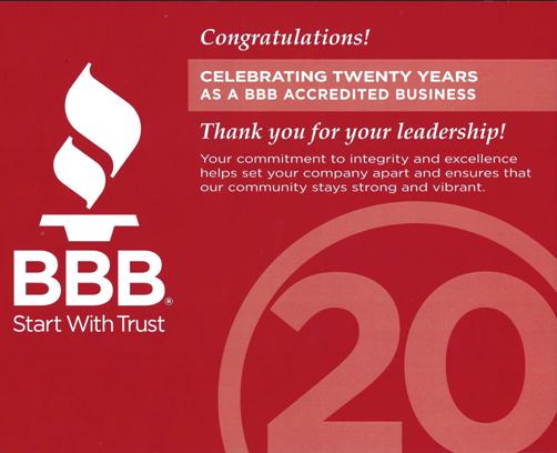 Better Business Bureau - 20 Years Accredited Business - Akron Ohio - A Jenkins Inc